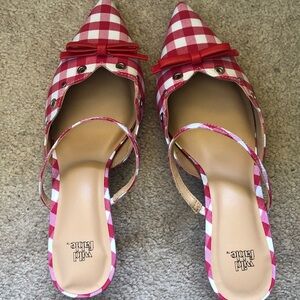 Red and White Gingham Pointed-Toe Slingback Kitten Heels